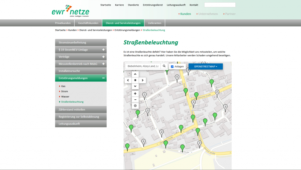 Straßenbeleuchtungskarte der EWR-Netze